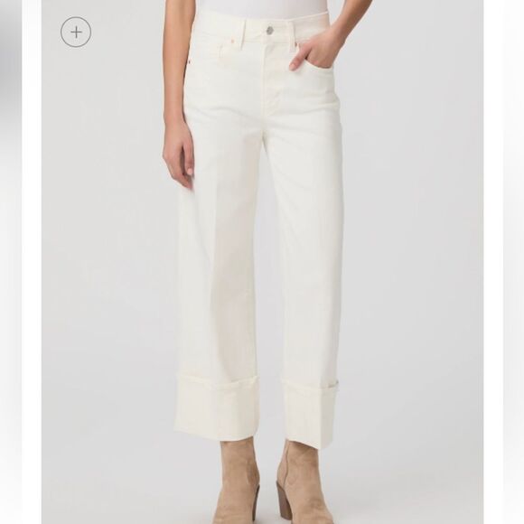 PAIGE 
Sasha Ankle Jeans Wide Cuffs Cream Straight Leg Jeans pants NWT 27 - Picture 1 of 13